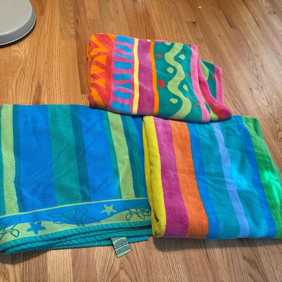 Vtg Cecil Saydah Beach Towels Set of 3 Colorful Patterns Stripes 63x33” Turtle - Picture 1 of 6